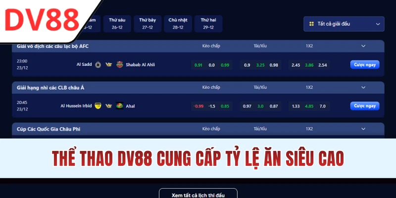 Tỷ lệ ăn thể thao DV88 cao ngất
